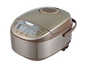 Midea brown and silver rice cooker.