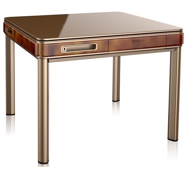 A table with a drawer and a metal frame.