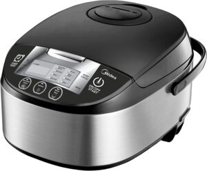 Black and silver Midea rice cooker.