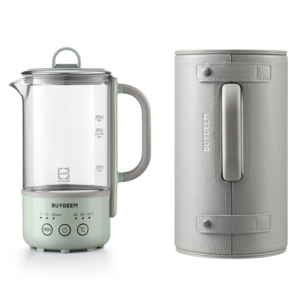 Green electric kettle with insulated case.