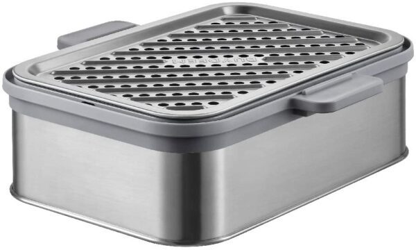 Stainless steel container with a lid.