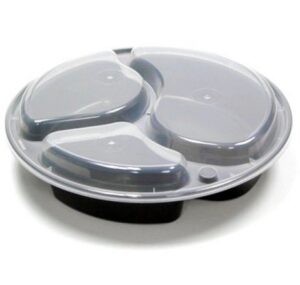 Platinum Crown 39 oz Round 3-Compartment Microwavable Take-Out Containers with Lids – 9300WHMB / 9388B (150/Case)