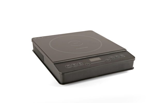 Black electric induction cooktop with controls.