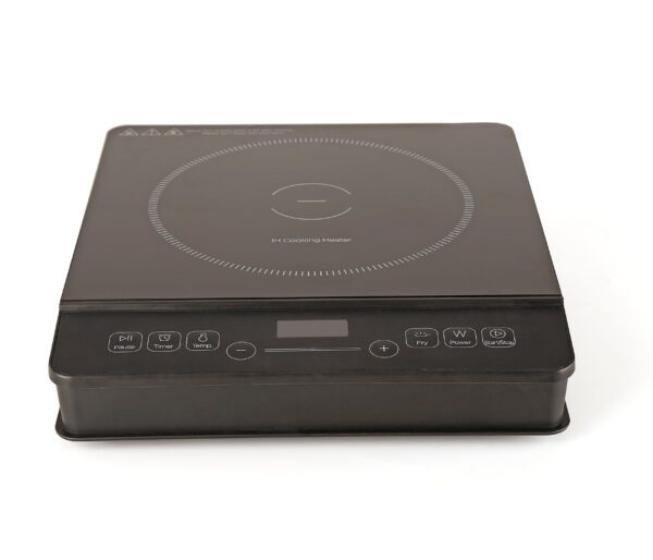 Black electric induction cooktop with controls.