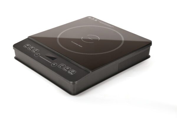 Black electric induction cooktop with controls.