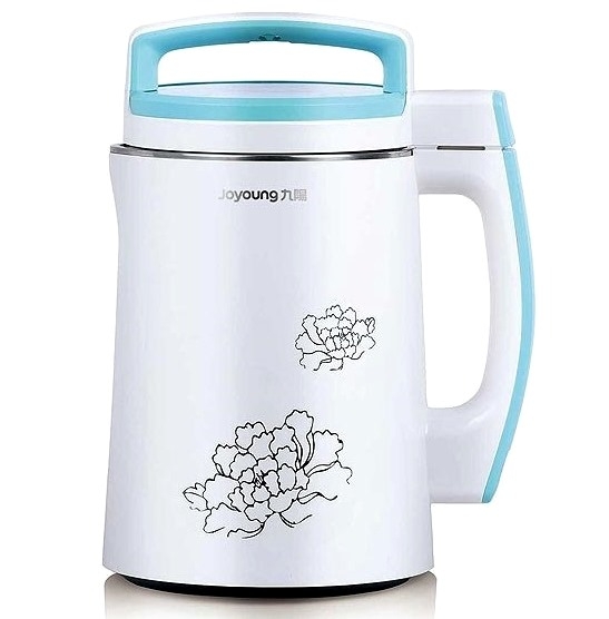 A white and blue electric blender with flowers on it.