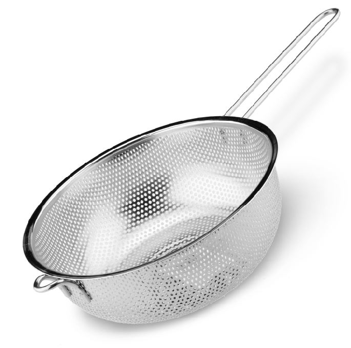 A silver strainer sitting on top of a pan.
