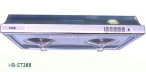 Silver kitchen range hood with lights and controls.