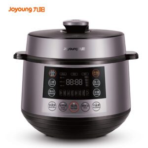 Silver electric pressure cooker with display.