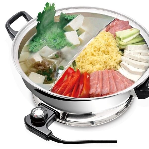 Electric hot pot with various ingredients.