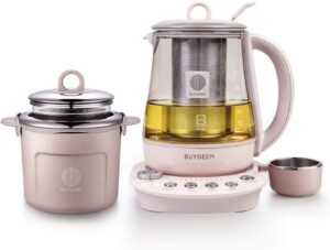 Pink electric tea kettle and warmer set.