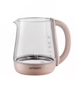 A glass tea pot with a pink handle and bottom.