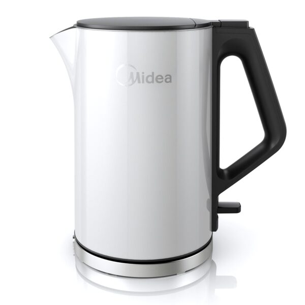 White Midea electric kettle with black handle.