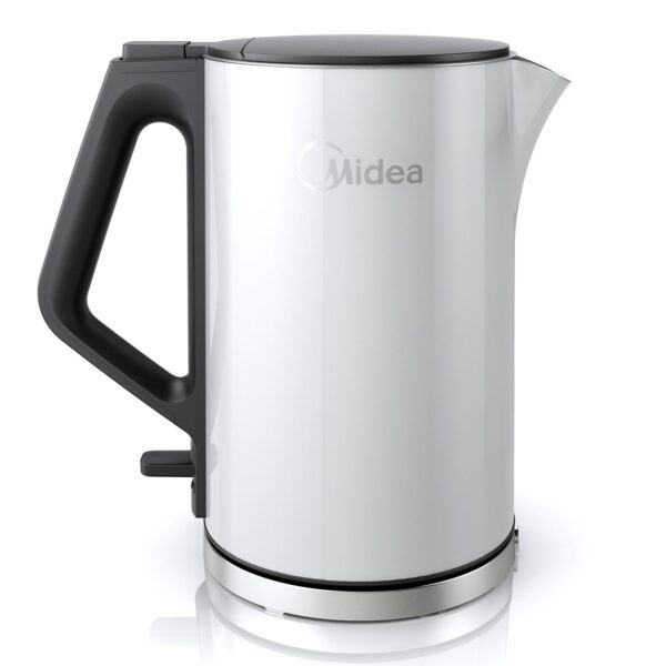 White Midea electric kettle with black handle.