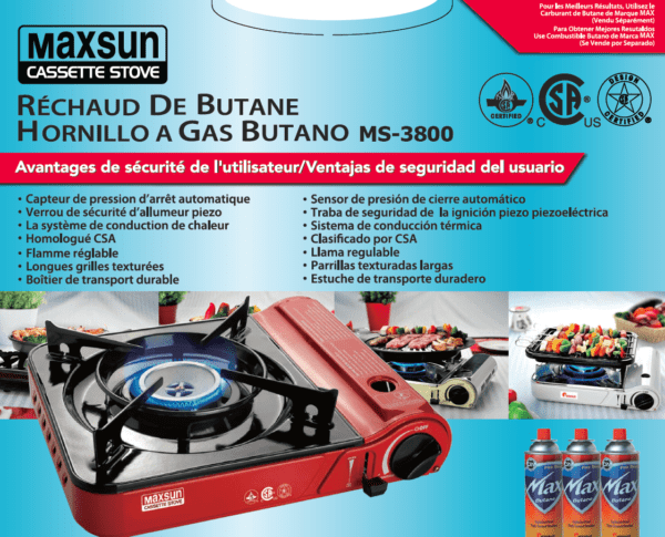 Red butane camping stove with grill.