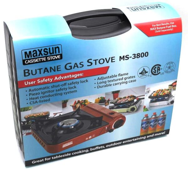 Maxsun butane gas stove with carrying case.