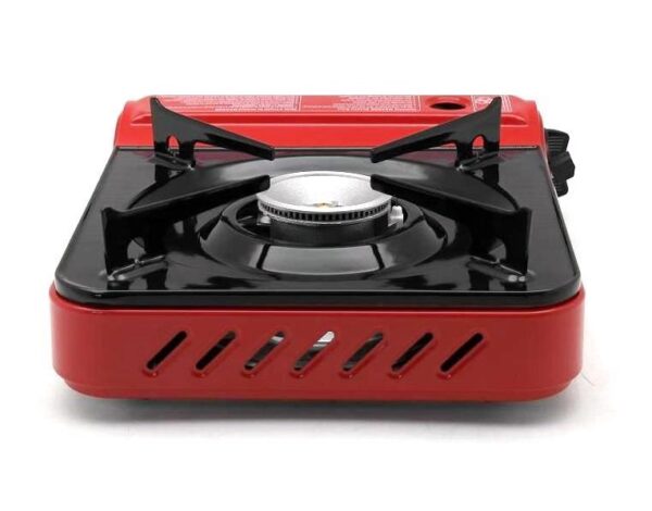 Red single burner camping stove.