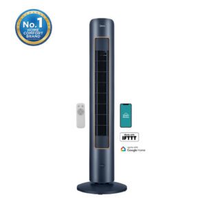 Blue tower fan with remote control.