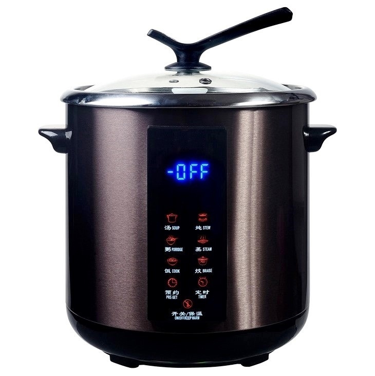 A black and silver electric cooker with the lid up.