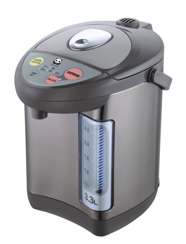 Stainless steel electric water kettle with dispenser.