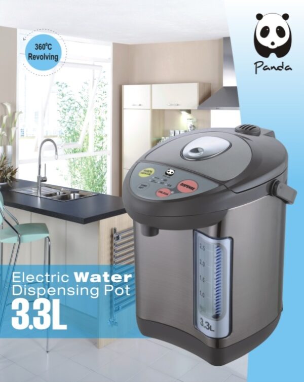 Silver electric water dispenser with buttons.