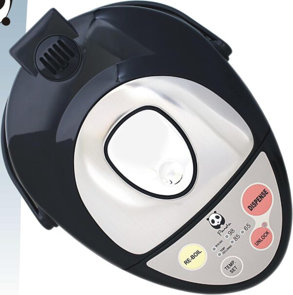 Black electric kettle with Panda brand logo.