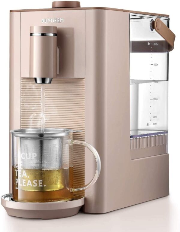 Beige electric tea kettle with glass cup.