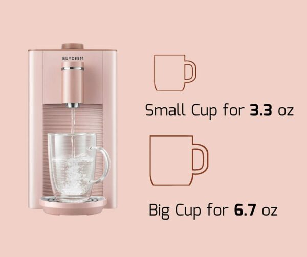 Pink water dispenser with glass cup.