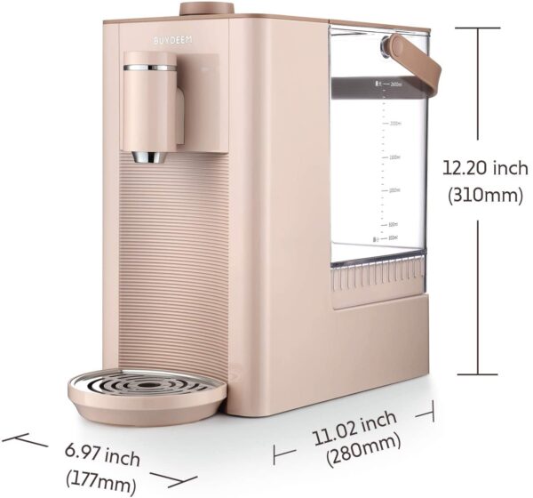 Pink water dispenser with measurements.