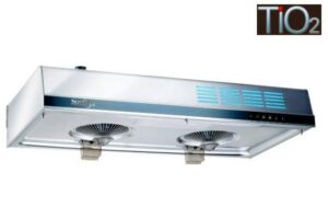 Stainless steel range hood with two fans.