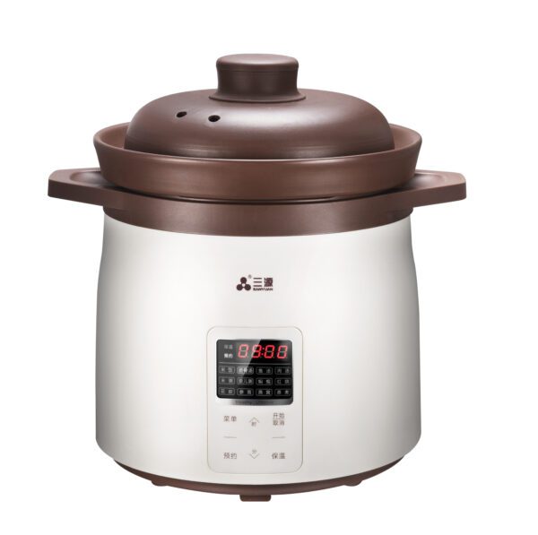 White and brown electric slow cooker.