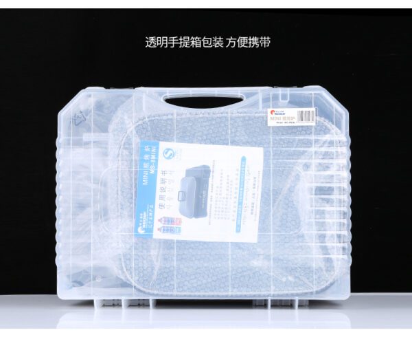 Clear plastic storage box with handle.