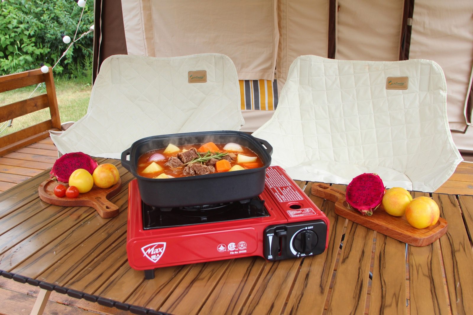 Maxsun MS-2500 red cassette stove used outdoors with a hot pot
