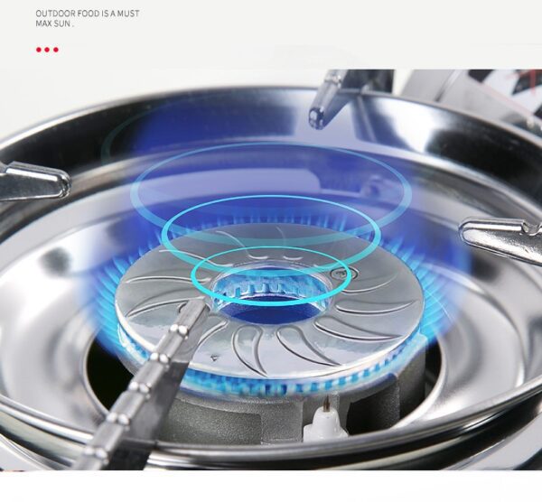 Camping stove with blue flame burning.