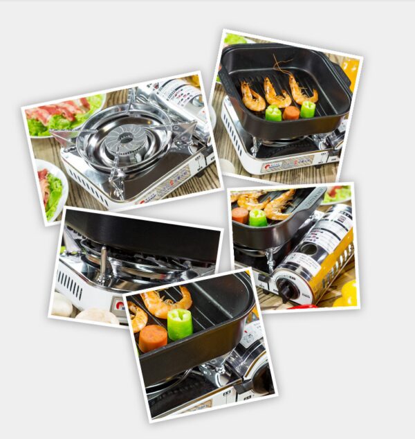 Portable gas grill with grilling pans