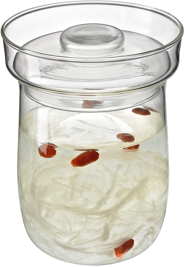 Glass jar with white strands and red berries.