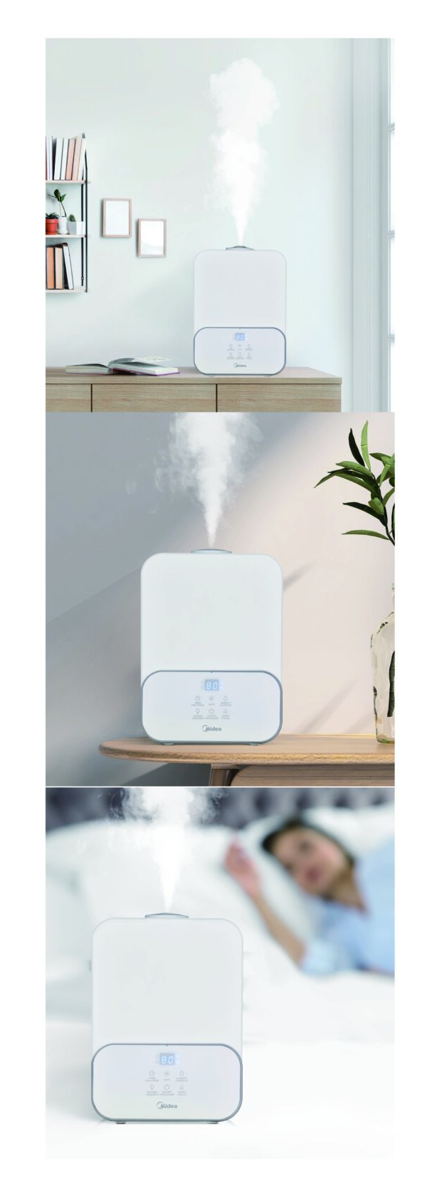 White humidifier with steam on table.