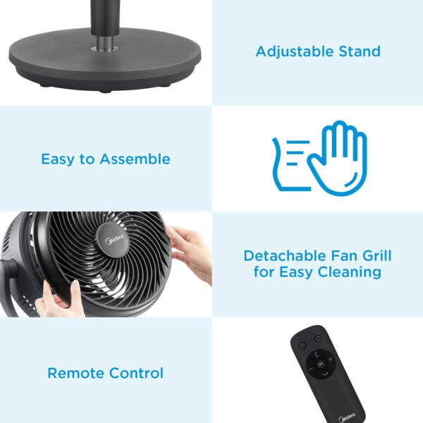 Black pedestal fan with remote control.