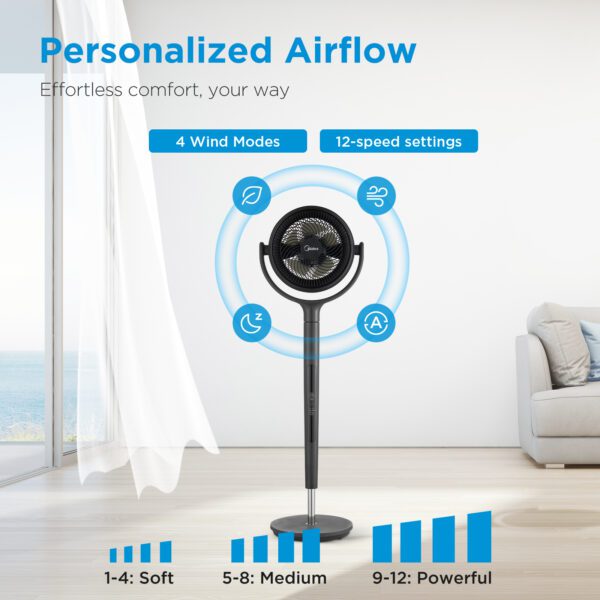 Black pedestal fan with 12 speed settings.