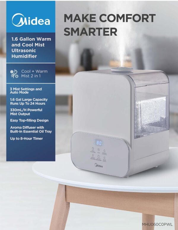 White Midea ultrasonic humidifier with timer.