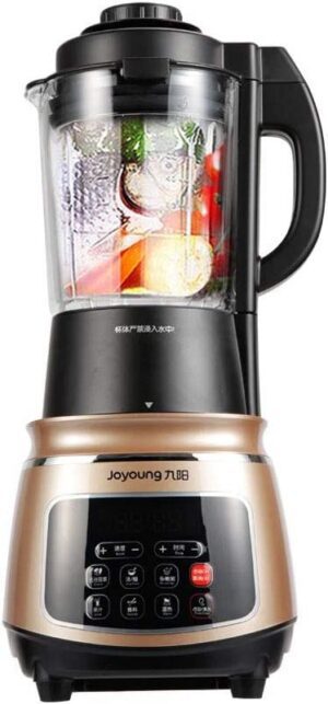 Gold and black blender with digital display.