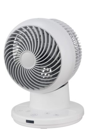 White oscillating fan with control buttons.