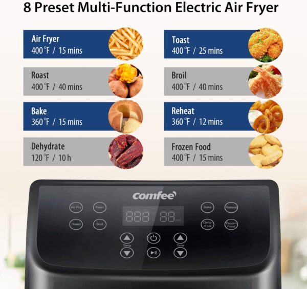 Black electric air fryer with 8 presets.