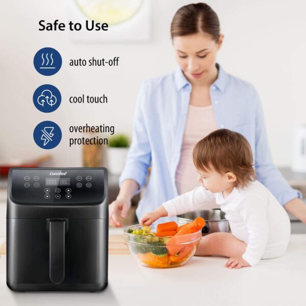 Black air fryer with safety features.