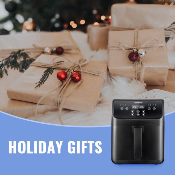 Black air fryer on holiday gifts table.