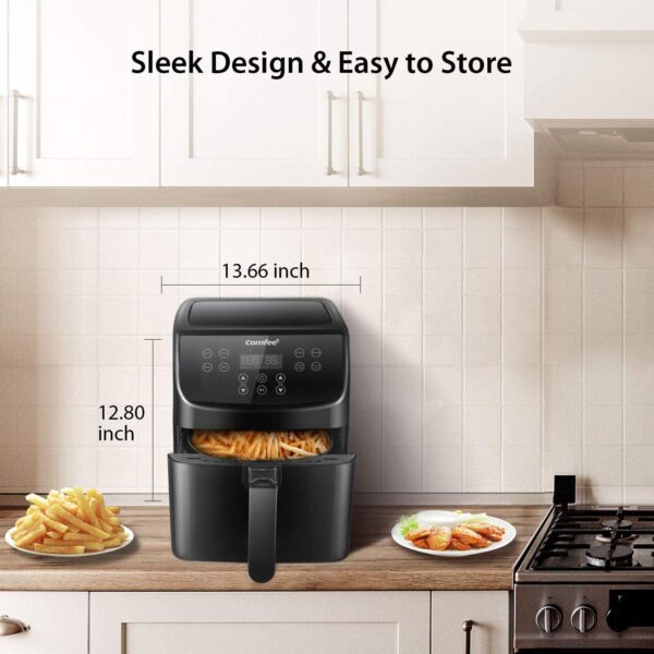 Black air fryer with french fries inside.