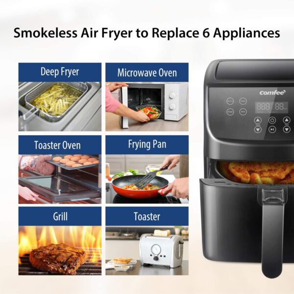 Black air fryer with various appliances around it.