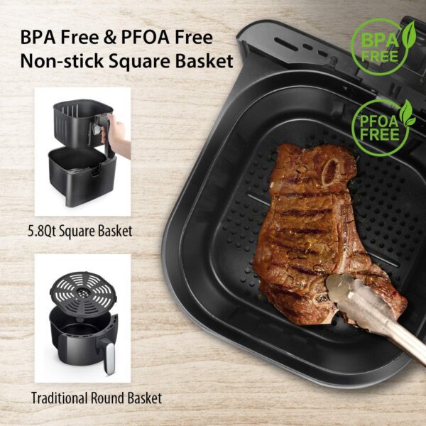 Air fryer with grilled steak and square basket.