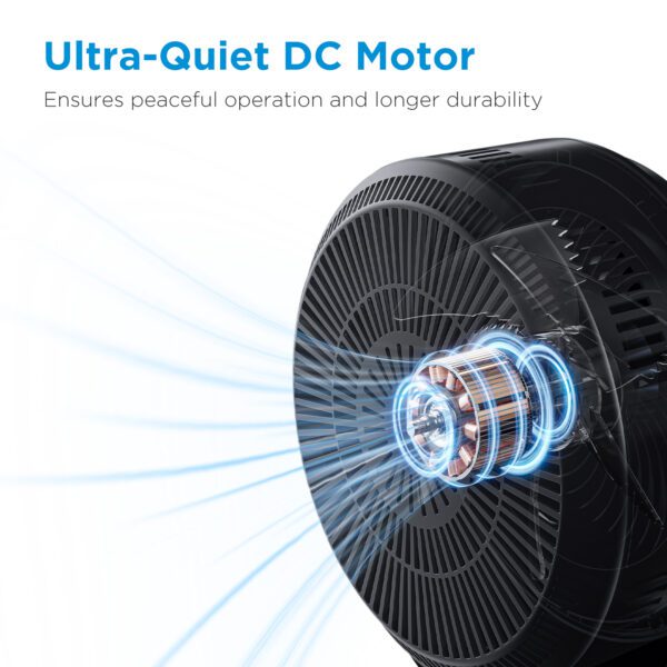 Black fan with quiet DC motor.