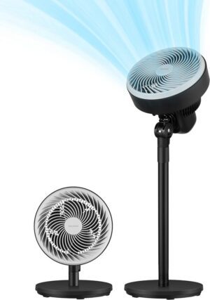 Two Pelonis pedestal fans with airflow lines.